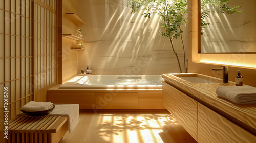 A bathroom with Japanese wooden elements like a hinoki wood bathtub and wooden accents, creating a spa-like atmosphere.