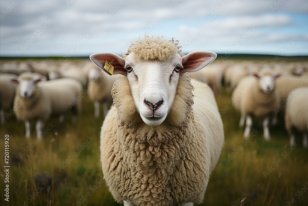 Fototapeta premium Sheep in the field at sunset, close-up view