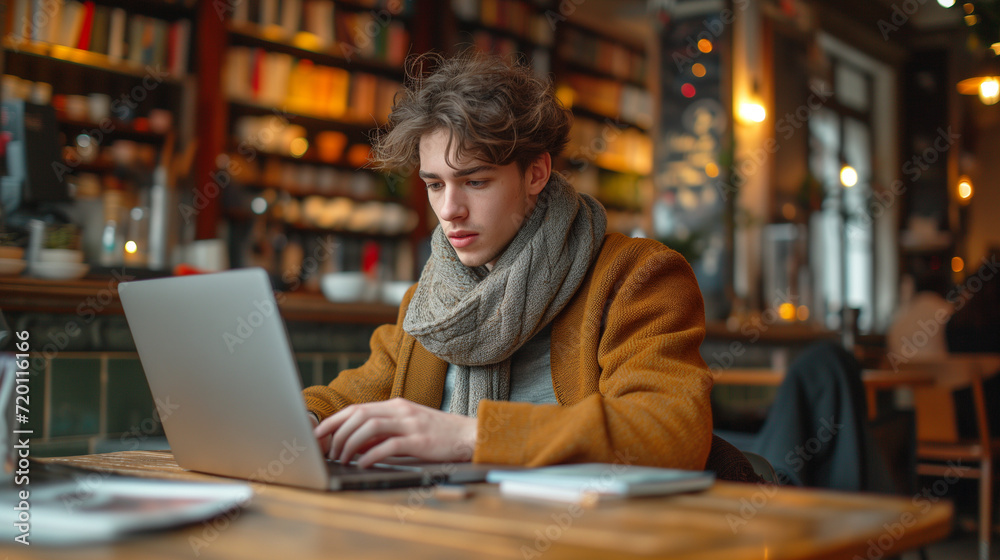 person working on laptop in cafe