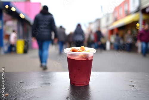 beet juice in a takeaway cup, city street and walking people behind