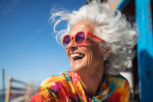Joyful Senior Lady in Colorful Summer Attire
