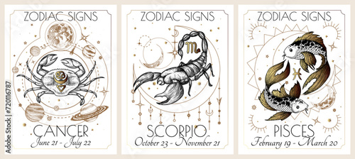 Vector illustration of zodiac signs card. Water signs: Cancer, Scorpio and Pisces. Gold on a white background in engraving style	