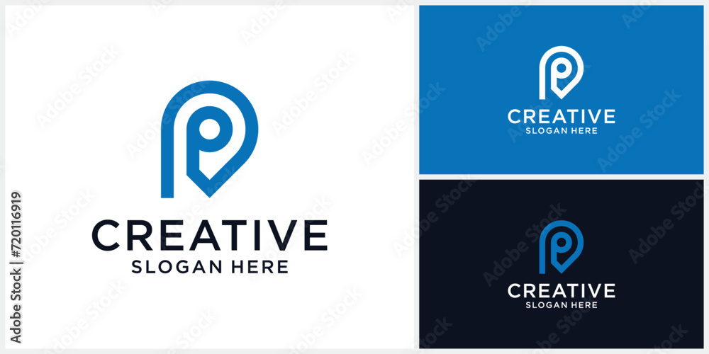 Initial letter P with combined map, pin, location logo design with liner style Initial letter P with combined map, pin, location logo design with liner style