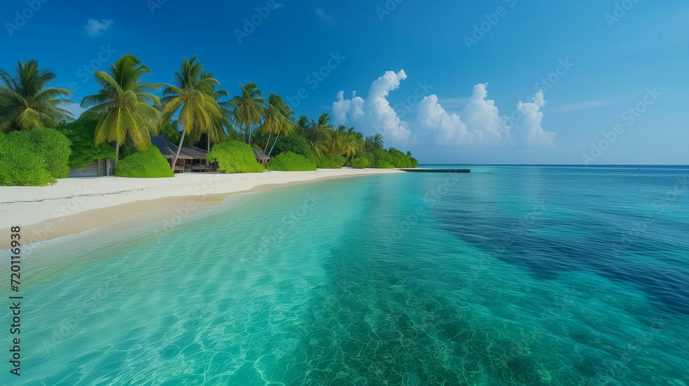 Fototapeta premium Capturing the serene beauty of a pristine beach accentuates the vibrant turquoise and emerald hues of the water against the white sand, evoking a sense of tranquility and serenity. Ocean beach island.