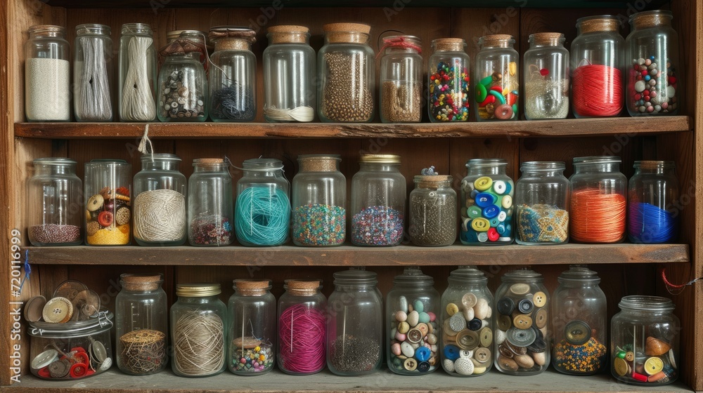 photograph of seven shelves full of glass jars and jars of different sizes filled with threads, buttons, marbles, stones, sand and other objects.   