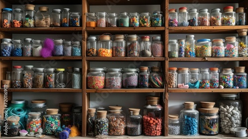 photograph of seven shelves full of glass jars and jars of different sizes filled with threads  buttons  marbles  stones  sand and other objects.   
