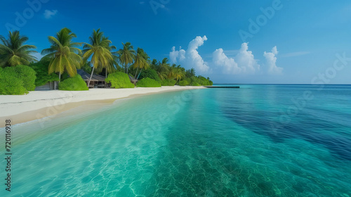 Capturing the serene beauty of a pristine beach accentuates the vibrant turquoise and emerald hues of the water against the white sand  evoking a sense of tranquility and serenity. Ocean beach island.