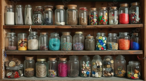 photograph of seven shelves full of glass jars and jars of different sizes filled with threads, buttons, marbles, stones, sand and other objects. 