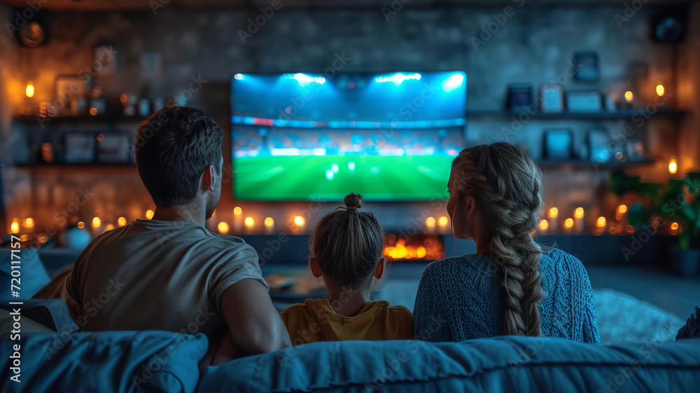 Caucasian family watching tv with football match on screen. Global sport concept, digital composite image, generative ai
