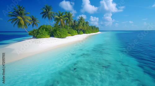 Capturing the serene beauty of a pristine beach accentuates the vibrant turquoise and emerald hues of the water against the white sand, evoking a sense of tranquility and serenity. Ocean beach island.