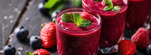 Freshly blended berry smoothies with organic strawberries, blueberries, and raspberries, topped with mint, in elegant glasses