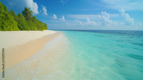 Capturing the serene beauty of a pristine beach accentuates the vibrant turquoise and emerald hues of the water against the white sand, evoking a sense of tranquility and serenity. Ocean beach island.