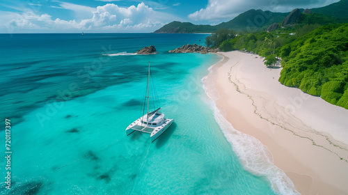 Capturing the serene beauty of a pristine beach accentuates the vibrant turquoise and emerald hues of the water against the white sand, evoking a sense of tranquility and serenity. Ocean beach island.