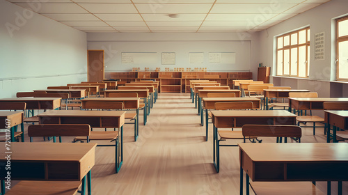 Empty Classroom. Back to school concept in high school. Classroom Interior Vintage Wooden Lecture Wooden Chairs and Desks. Studying lessons in secondary education.