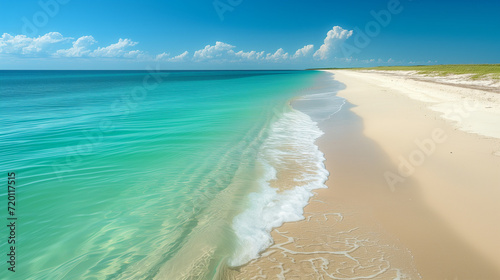 Capturing the serene beauty of a pristine beach accentuates the vibrant turquoise and emerald hues of the water against the white sand, evoking a sense of tranquility and serenity. Ocean beach island.