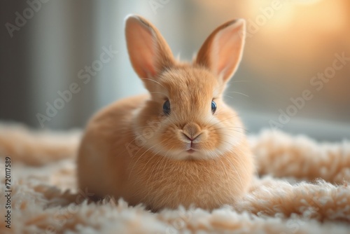 Cute ginger Easter bunny sitting on a beige blanket in sunlight