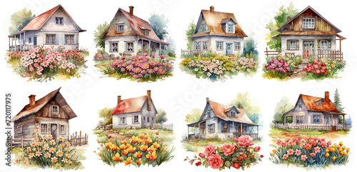 Set of watercolor vintage floral old house Sticker, Clipart, PNG, generated ai