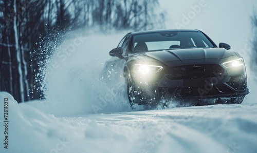 Car drifting concept on snow. Luxury cars race at high speed on snowy road