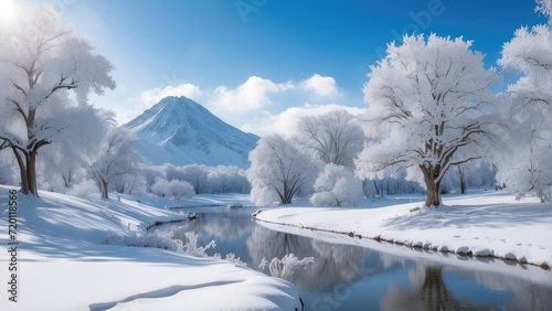 Beautiful winter landscape background with snow-covered trees and a mountain lake.