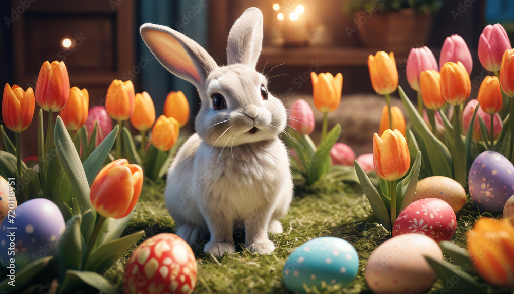 Easter scene with rabbit and colorful eggs. Depicting rabbit in festive spring scene surrounded by flowers. - obrazy, fototapety, plakaty 