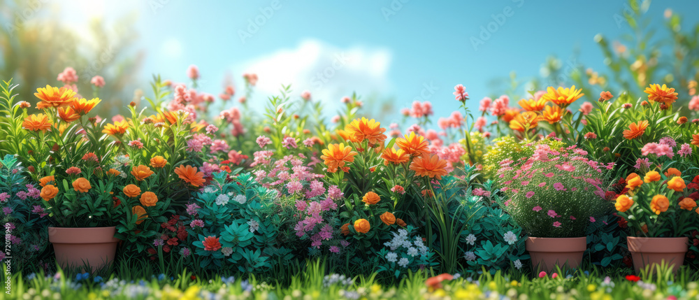 Gardening background with flowerpots in sunny spring or summer garden, generative ai