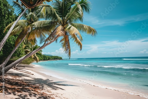 Tropical beach with palm trees and clear blue water under a sunny sky.