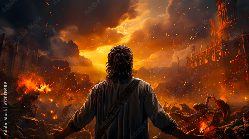 a person stands in front of a burning fictional city (Generative AI)