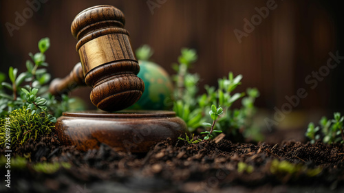 Gavel and green eco Earth globe, international law and green energy concept, sustainable environment future global values, generative ai