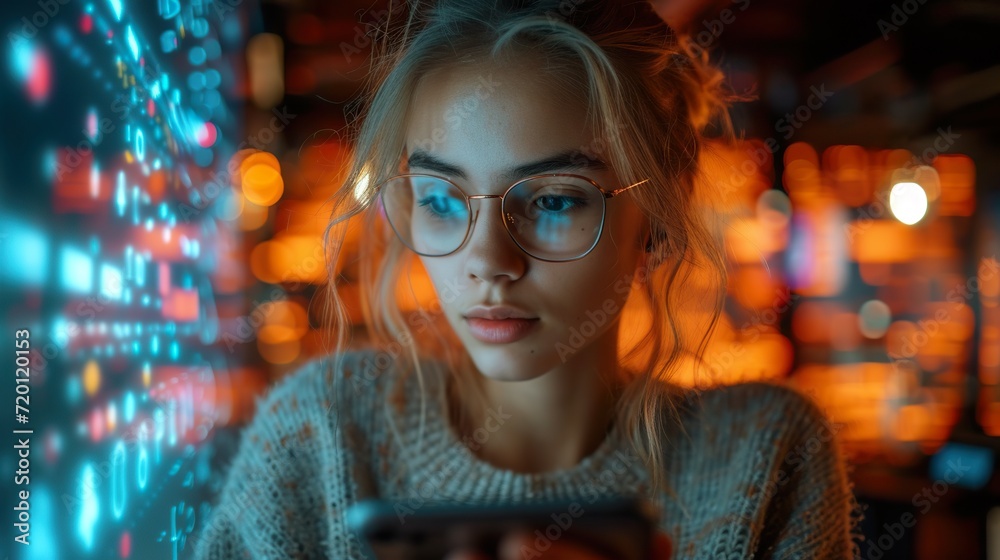 Young Female Identified by Biometric Facial Recognition Scanning Process from Her Smartphone. Futuristic Concept Young Female Identified by Biometric Facial Recognition Scanning Process from Her Smartphone. Futuristic Concept