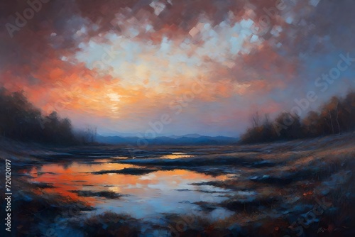 oil painting that explores the dynamic textures and colors of an imagined twilight sky