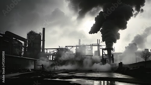 A sense of gritty realism is depicted in this black and white image of a factory belching out thick clouds of smoke, a constant reminder of human industry. photo