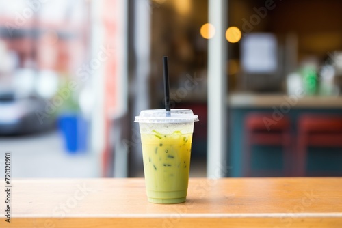 vibrant green iced matcha drink in clear takeaway cup