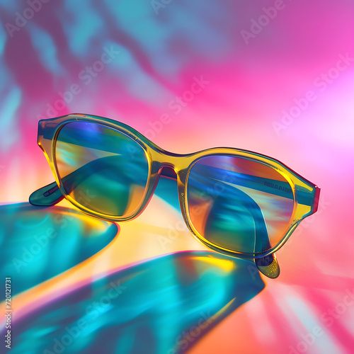 Abstract 3D glasses-inspired gradient in cyan, magenta, and yellow with a grainy texture for a visually captivating design