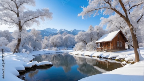 Beautiful winter landscape with a small village on the shore of the mountain river.