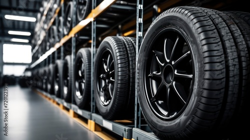 Car tires in a warehouse, close-up. Auto service industry