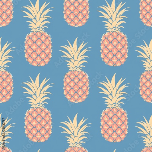 pineapple ornament on a blue background, in the style of richly detailed backgrounds, vintage graphic design, muted, pastel colors, seamless pattern for prints on fabric, printed products