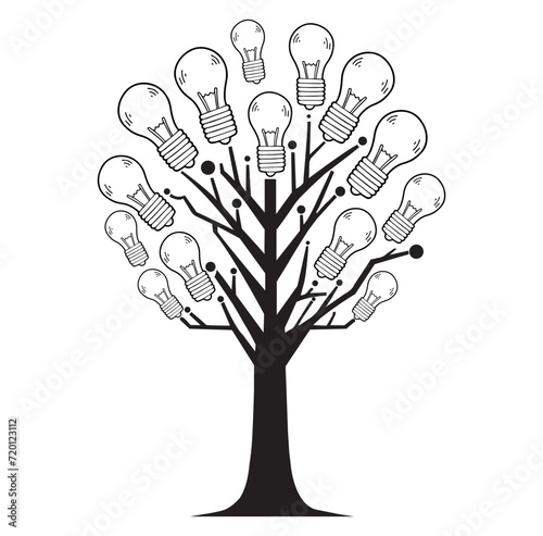 ector illustration isolated on white, concept of environmental sustainability, energy from nature, tree with black and white light bulbs.