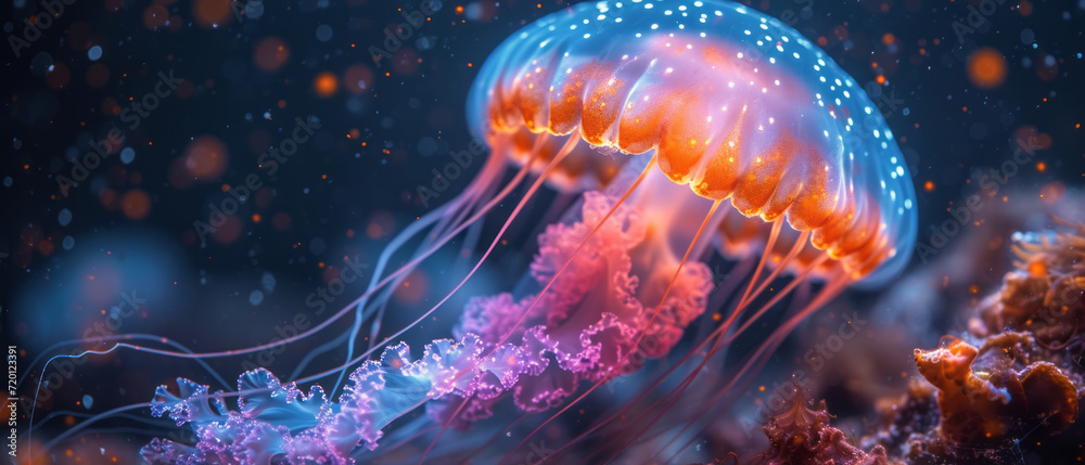 Vibrant aquatic sea jelly with glowing tentacles, generative ai Vibrant aquatic sea jelly with glowing tentacles, generative ai