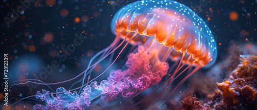 Vibrant aquatic sea jelly with glowing tentacles, generative ai © JKLoma