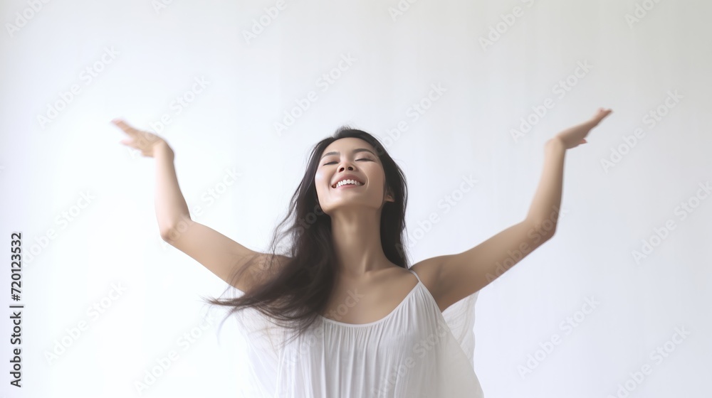 Exuberant girl raises her hand in a gesture of peak happiness, radiating a sense of relaxation and pure joy. Generative AI. Exuberant girl raises her hand in a gesture of peak happiness, radiating a sense of relaxation and pure joy. Generative AI.