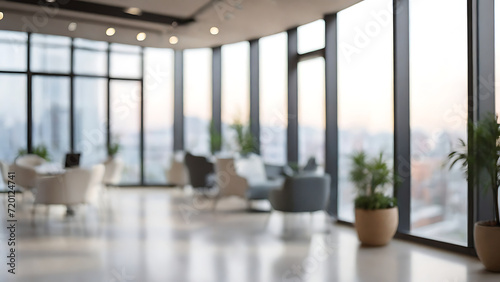 blurred background of a modern office interior with panoramic windows and beautiful lighting, Blurred office meeting room, blurred office background, Bg, Generative AI