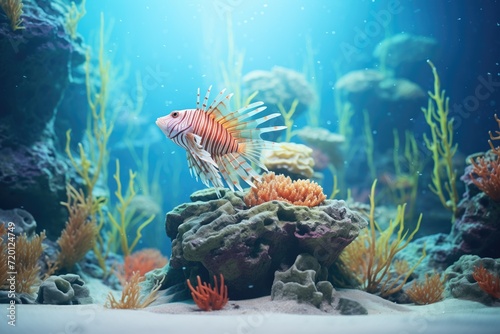 exotic lionfish lurking among rock formations in its tank © stickerside
