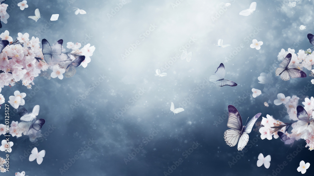 Fototapeta premium Abstract natural spring background with butterflies and light anthracite meadow flowers close-up.