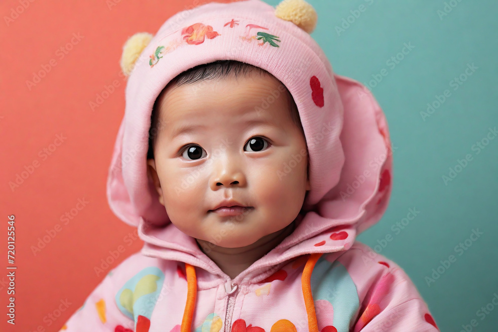 Asian cute baby girl wearing pink hoodie and hat on colorful background