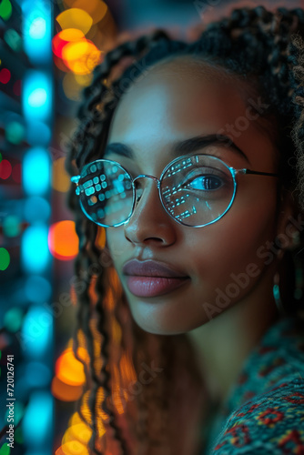 black woman it support engineer working in a dark server room and analytics with a female programmer problem solving or troubleshooting. generative ai