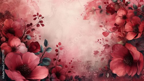 Burgundy flower abstract shaby chic background illustration with copy space, elegant vintage wallpaper photo