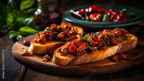 Bruschetta with half dried tomatoes and basil