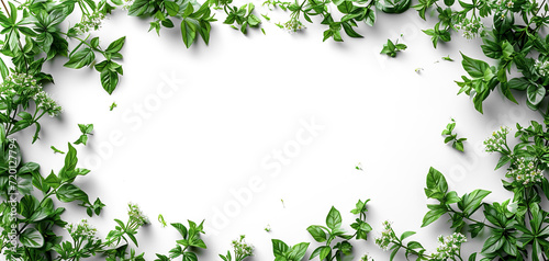 Frame of fresh green plants on a white background.