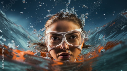 Close up photo of caucasian young beautiful woman with diving glasses swimming in the pool under the water. © liliyabatyrova