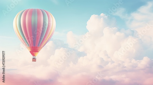 Pastel-colored hot air balloon floating in the cloudy sky.